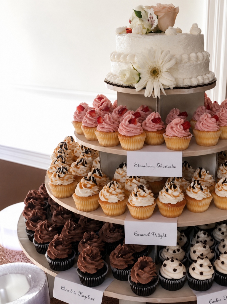 Multi-tiered cupcake display tower with wedding cake